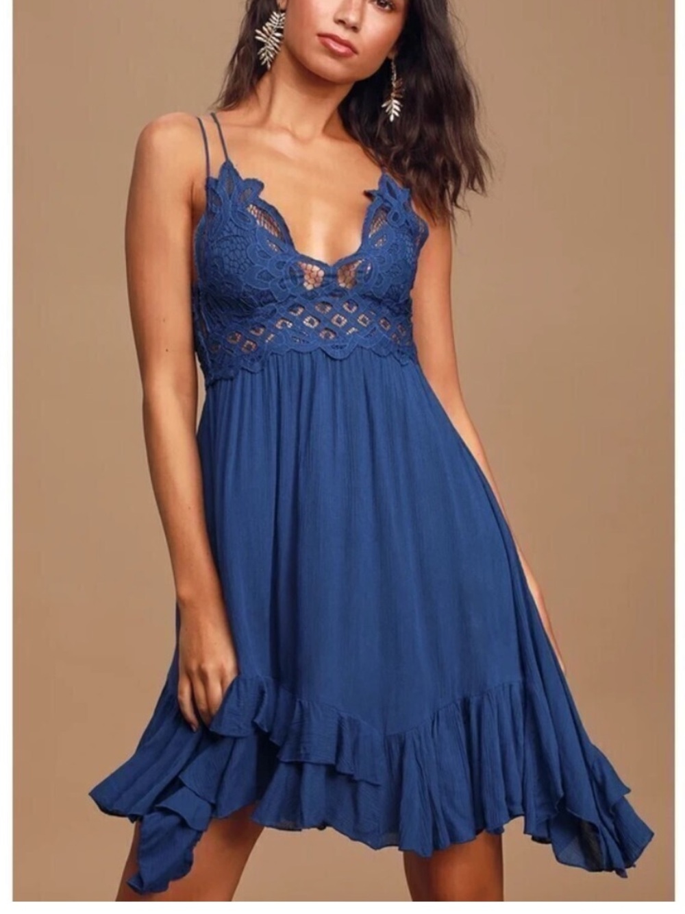 Free People Navy Blue Crocheted, Lace-Trim Mini Dress